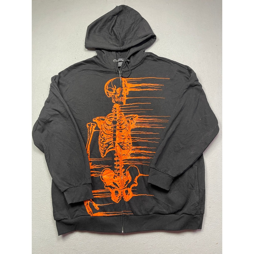 Social Collision Zip Hoodie Cotton Poly Black Orange Skeleton XL Mens